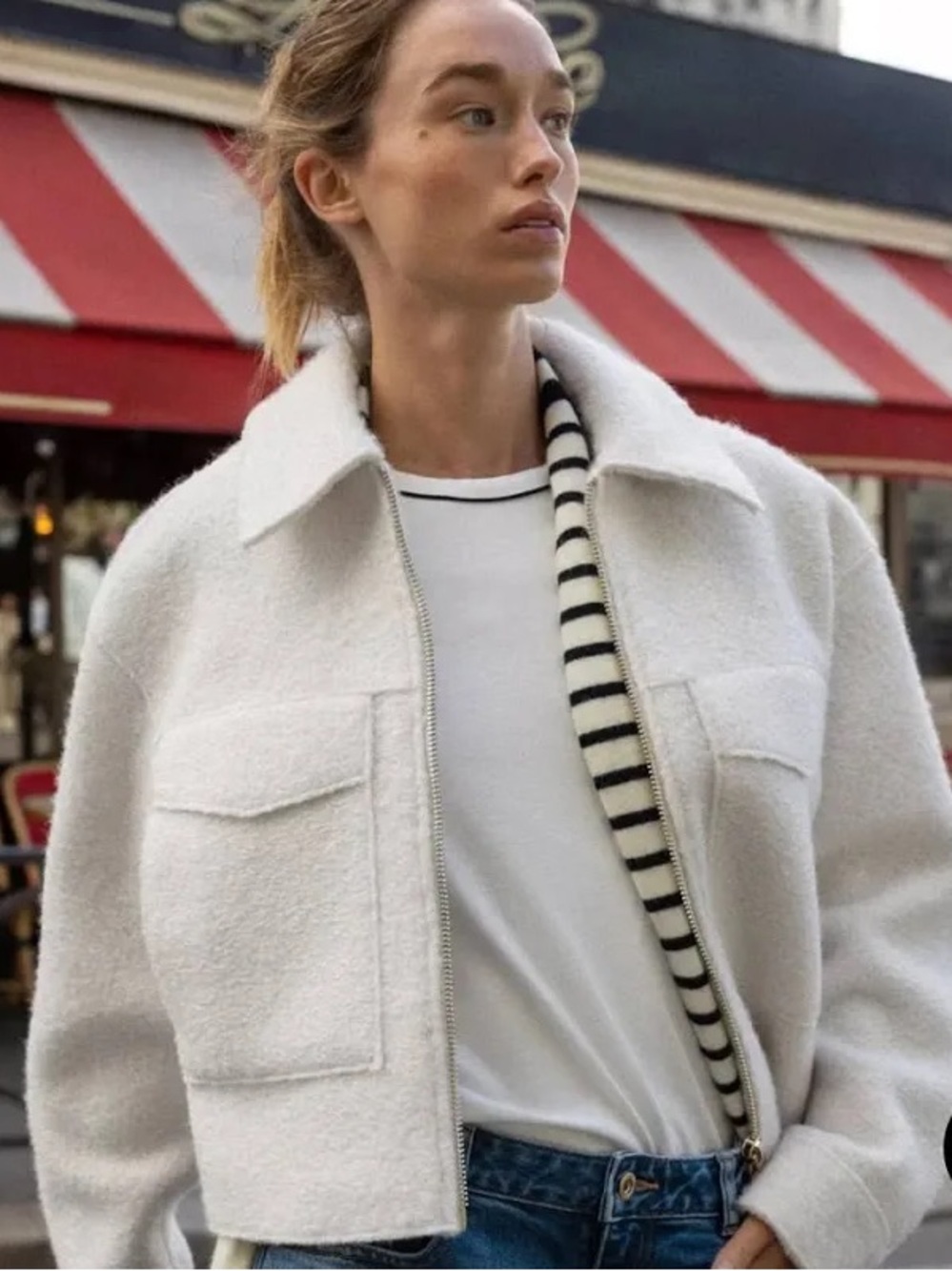 Zara Cream Bouclé Teddy Jacket with Front Zip